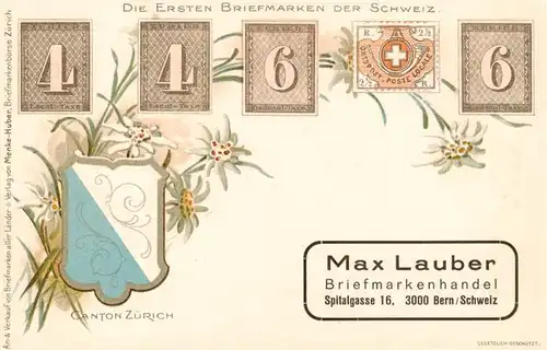 AK / Ansichtskarte 73891917 Briefmarke_auf_Ak Schweiz Max Lauber Canton Zuerich Briefmarke_auf_Ak