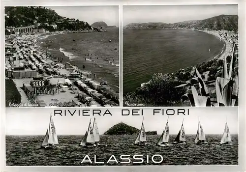 AK / Ansichtskarte 73892193 Alassio_Liguria_IT Spiaggia Panorama Segelregatta 