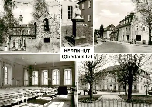 AK / Ansichtskarte  Herrnhut Kirchensaal und Glockenstuhl Zinzendorfdenkmal Comeniusstrasse Kirchensaal Foerderungszentrum Herrnhut