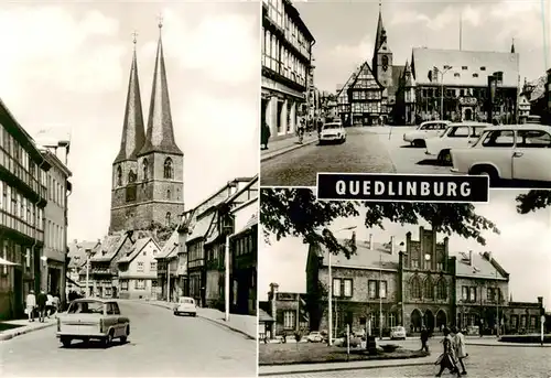 AK / Ansichtskarte 73892472 Quedlinburg Poelkenstrasse und Nikolaikirche Markt mit Rathaus Bahnhof Quedlinburg