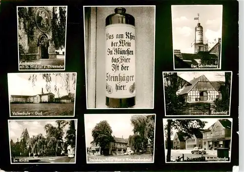 AK / Ansichtskarte  Steinhagen_Westfalen Kirchenportal mit St Michael und Ehrentafel Volksschule Dorf Ev Kirche Steinhaegerhaus Der Schlichtekrug Bauernhof Bahnhofstrasse Steinhagen_Westfalen