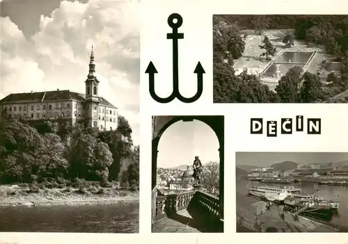 AK / Ansichtskarte 73892717 Decin_Tetschen-Bodenbach_Boehmen_CZ Schloss Panorama Schwimmbad Schiffsanlegestelle 