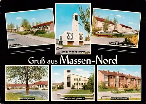 AK / Ansichtskarte 73892913 Massen_Unna Ladenstrasse Kath Kirche St Hedwig Ladenstrasse Hellwegschule Bodelschwingh Haus Neue Wohnblocks Massen Unna