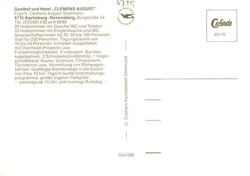AK / Ansichtskarte  Davensberg_Ascheberg Gasthof Hotel Clemens August Gastraeume Kegelbahn 