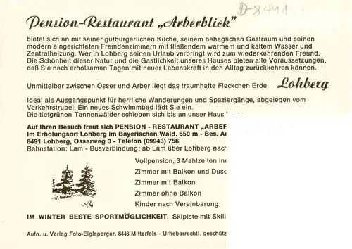AK / Ansichtskarte 73892970 Lohberg_Lam Pension Restaurant Arberblick Gastraum Panorama Lohberg_Lam