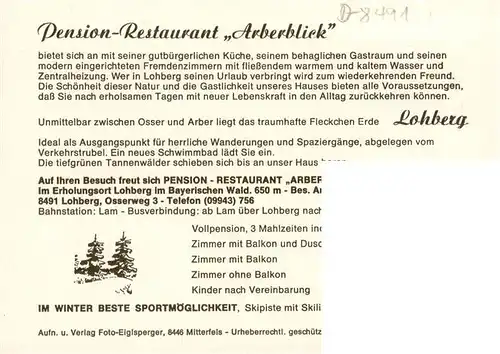 AK / Ansichtskarte  Lohberg_Lam Pension Restaurant Arberblick Gastraum Panorama Lohberg_Lam