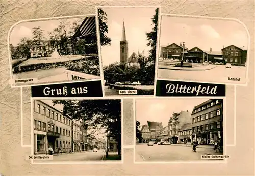 AK / Ansichtskarte  Bitterfeld Binnengarten Kath Kirche Bahnhof Strasse der Republik Walter Rathenau Strasse Bitterfeld