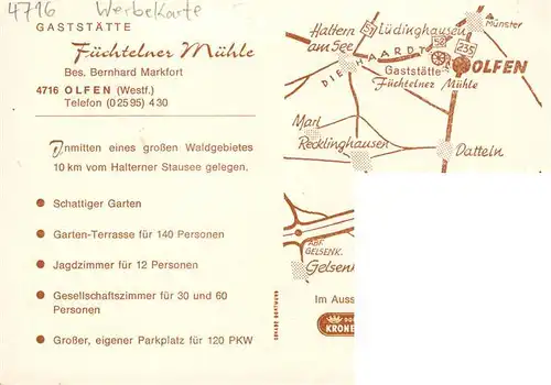 AK / Ansichtskarte 73893229 Olfen_Westfalen Gaststaette Fuechtelner Muehle Gastraume Schwanenteich Olfen_Westfalen