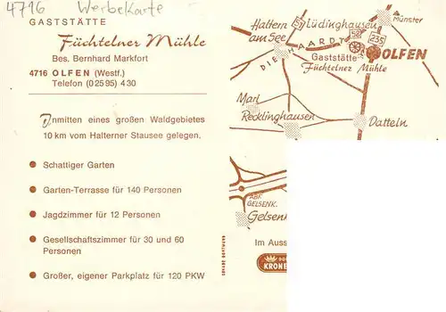 AK / Ansichtskarte  Olfen_Westfalen Gaststaette Fuechtelner Muehle Gastraume Schwanenteich Olfen_Westfalen