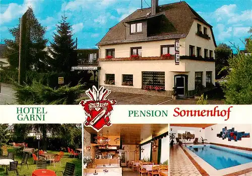 AK / Ansichtskarte 73893244 Elkenroth Hotel garni Pension Sonnenhof Gastraum Gartenterrasse Hallenbad Elkenroth