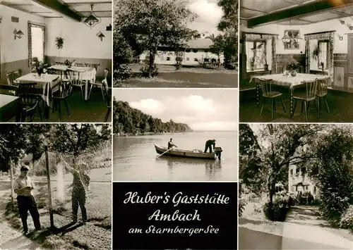 AK / Ansichtskarte  Ambach_Starnbergersee Hubers Gaststaette Gastraeume Fischer Bootspartie Park Ambach_Starnbergersee