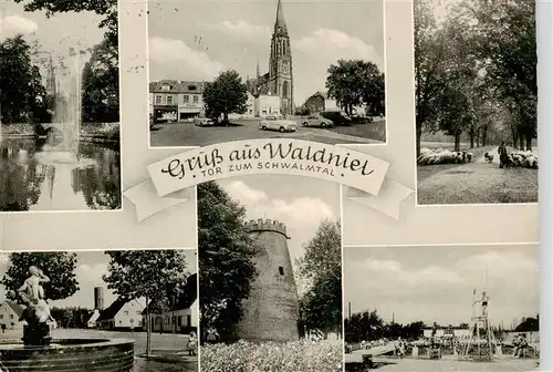 AK / Ansichtskarte  Waldniel Fontaene Kirche Schafherde Brunnen Burgturm Schwimmbad Waldniel