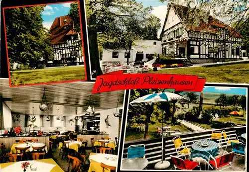 AK / Ansichtskarte 73893529 Simmern_Hunsrueck Pension Restaurant Jagdschloss Pleizenhausen Gastraum Terrasse Simmern Hunsrueck