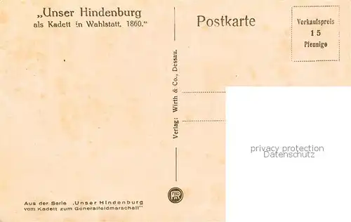 AK / Ansichtskarte  Hindenburg__Paul_von als Kadett in Wahlstatt 1860 