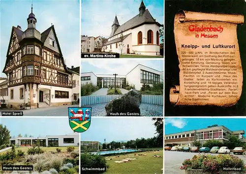 AK / Ansichtskarte 73893927 Gladenbach Hotel Spiess Ev Martins Kirche Haus des Gastes Schwimmbad Hallenbad Gladenbach