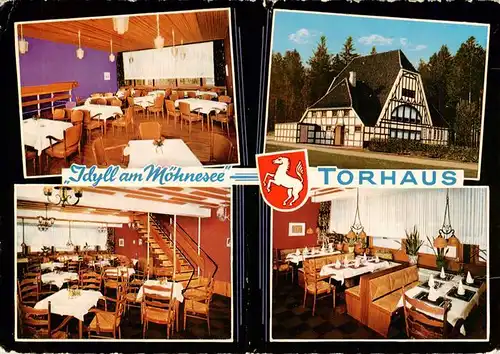 AK / Ansichtskarte 73893985 Koerbecke_Moehnesee Idyll am Moehnesee Torhaus Cafe Restaurant Gastraeume Koerbecke Moehnesee