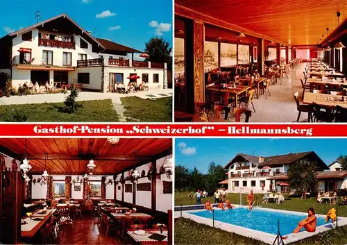 AK / Ansichtskarte  Hellmannsberg_Waging_See Gasthof Pension Schweizerhof Gastraeume Schwimmbad Hellmannsberg_Waging_See