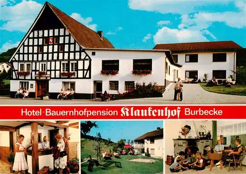 AK / Ansichtskarte  Burbecke_Sauerland Hotel Bauernhofpension Klausenhof Rezeption Gaststube Liegewiese Burbecke_Sauerland