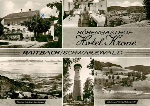 AK / Ansichtskarte 73894157 Raitbach_Schopfheim Hoehengasthof Hotel Krone Hohe Moehr Aussichtsturm Schwimmbad Panorama Blick auf Schweizer Alpen Raitbach Schopfheim