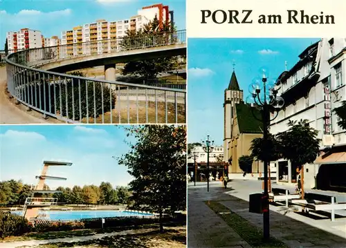 AK / Ansichtskarte  Porz_Koeln_Rhein Wohnsiedlung Hochhaeuser Fussgaengerzone Kirche Freibad 