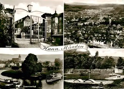 AK / Ansichtskarte  Hann._Muenden Schloss Blick ueber Tillyschanze Zusammenflusss von Fulda und Werra zur Weser Kleingolfplatz Hann. Muenden