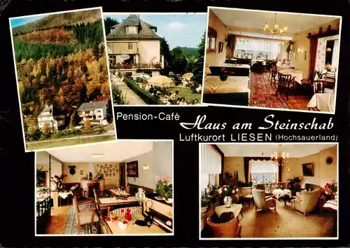 AK / Ansichtskarte  Liesen_Hallenberg_Hochsauerland Pension Cafe Haus am Steinschab Gastraeume Garten Park 