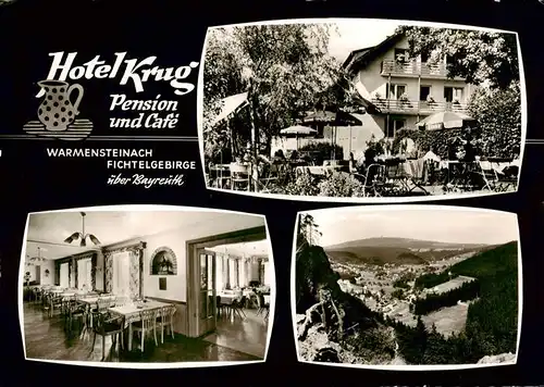 AK / Ansichtskarte 73894497 Warmensteinach Hotel Krug Pension Cafe Terrasse Gastraum Panorama Warmensteinach