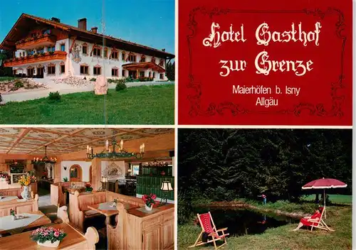 AK / Ansichtskarte 73895121 Maierhoefen_Allgaeu Hotel Gasthof zur Grenze Gastraum Teich Maierhoefen Allgaeu