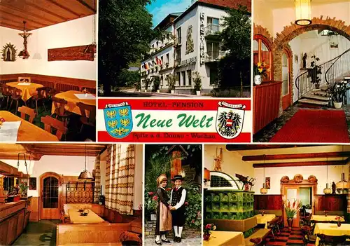 AK / Ansichtskarte  Spitz_Donau_Niederoesterreich_AT Hotel Pension Neue Welt Restaurant Treppenaufgang Trachten 