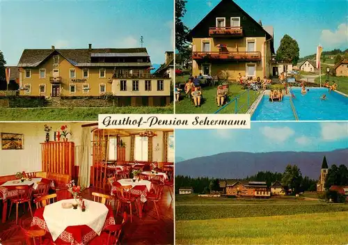 AK / Ansichtskarte  St_Stefan_Gailtal Gasthof Pension Schermann Gastraum Swimming Pool Ansicht mit Kirche St_Stefan_Gailtal