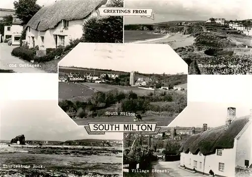 AK / Ansichtskarte  South_Milton_Kingsbridge_South_Hams_Devon_UK Old Cottages Thurlestone Rock Thurlestone Sands Rock Panorama Village Street 