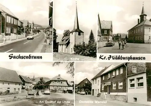 AK / Ansichtskarte 73895338 Sachsenbrunn Dorfstrasse Kirche Am Gasthof zur Linde Gaststaette Werratal Sachsenbrunn