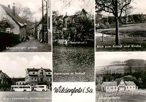 AK / Ansichtskarte  Wildenfels Wiesenburger Strasse Parkteich Schloss Kirche Bushaltestelle Goldener Stern Sportlerheim Wildenfels