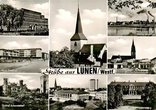 AK / Ansichtskarte  Luenen Berufsschule Neue Siedlung Schloss Schwansbell Ev Kirche Am Stadtbad Zeche Viktoria Geschw Scholl Schule Schloss Coppenberg Luenen