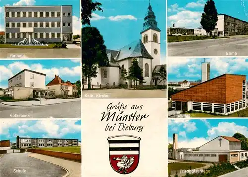 AK / Ansichtskarte  Muenster_Dieburg_Hessen Rathaus Volksbank Schule Kath Kirche Elima Ev Kirche Friedhofsanlage 