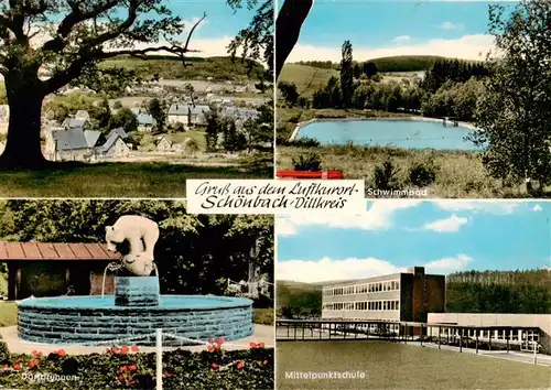 AK / Ansichtskarte  Schoenbach_Dillkreis Panorama Schwimmbad Dorfbrunnen Mittelpunktschule Schoenbach Dillkreis