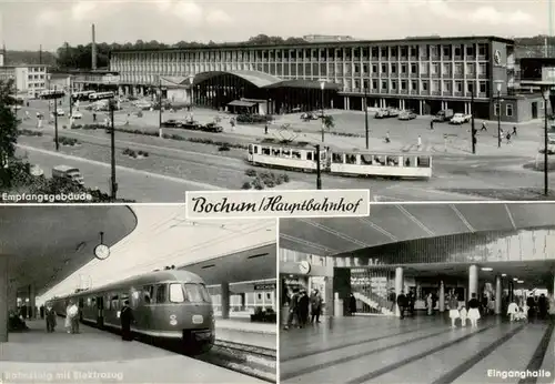 AK / Ansichtskarte 73895402 Bochum Hauptbahnhof Empfangsgebaeude Bahnsteig mit Elektrozug Eingangshalle Bochum