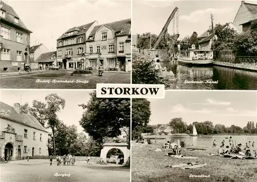 AK / Ansichtskarte 73895553 Storkow_Mark Rudolf Breitscheid Strasse Storkower Kanal Burghof Strandbad Storkow Mark