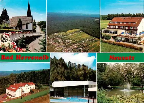 AK / Ansichtskarte  Neusatz_Bad_Herrenalb Blick zur Kirche Hotel Gasthof Parkanlagen Teich Schwimmbad Luftaufnahme Neusatz_Bad_Herrenalb