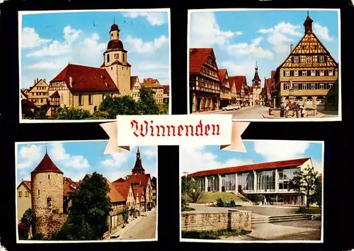 AK / Ansichtskarte 73895915 Winnenden Ev Kirche Rathaus mit Schwaikheimer Tor Diebsturm Stadthalle Winnenden