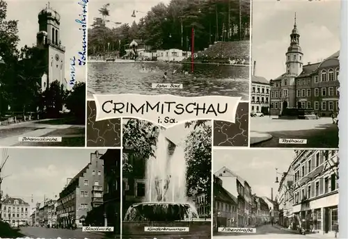 AK / Ansichtskarte  Crimmitschau Johanniskirche Sahn Bad Rathaus Stadtmitte Kinderbrunnen Silberstrasse Crimmitschau