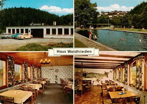 AK / Ansichtskarte 73896138 Hirschberg__Sauerland_Warstein Gasthof und Kegelbahn Haus Waldfrieden Gastraum Freibad 