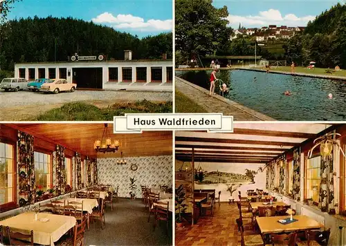 AK / Ansichtskarte  Hirschberg__Sauerland_Warstein Gasthof und Kegelbahn Haus Waldfrieden Gastraum Freibad 