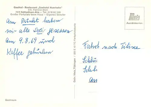 AK / Ansichtskarte  Aha_Schluchsee Gasthof Restaurant Seehotel Auerhahn Aha_Schluchsee