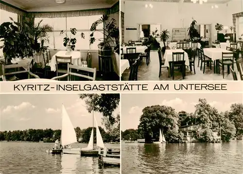 AK / Ansichtskarte 73896206 Kyritz_Brandenburg Inselgaststaette am Untersee Gastraeume Bootssteg Panorama Kyritz Brandenburg