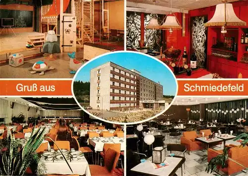 AK / Ansichtskarte  Schmiedefeld_Rennsteig Ferienhotel Schoene Aussicht Kinderspielzimmer Hallenbar Speisesaal Tanzcafe Schmiedefeld_Rennsteig