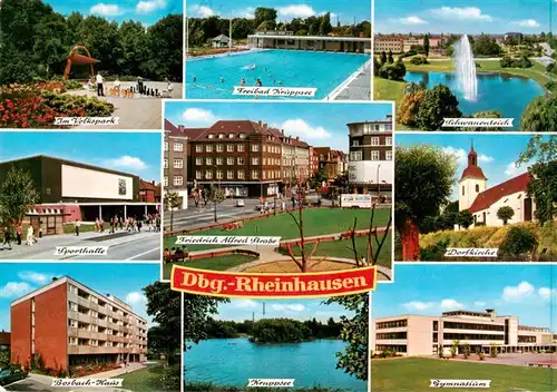 AK / Ansichtskarte 73896326 Rheinhausen__Duisburg Im Volkspark Freibad Kruppsee Schwanenteich Sporthalle Friedrich Alfred Strasse Dorfkirche Bosbach Haus Kruppsee Gymnasium 