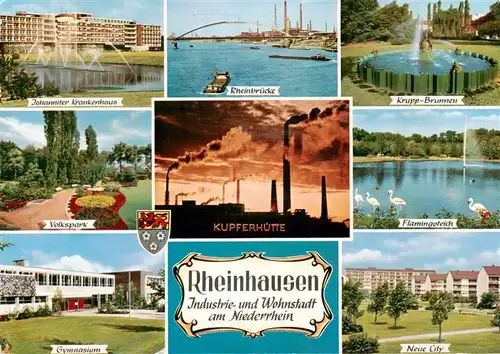 AK / Ansichtskarte 73896327 Rheinhausen__Duisburg Johanniter Krankenhaus Rheinbruecke Krupp Brunnen Volkspark Kupferhuette Flamingoteich Gymnasium Neue City 