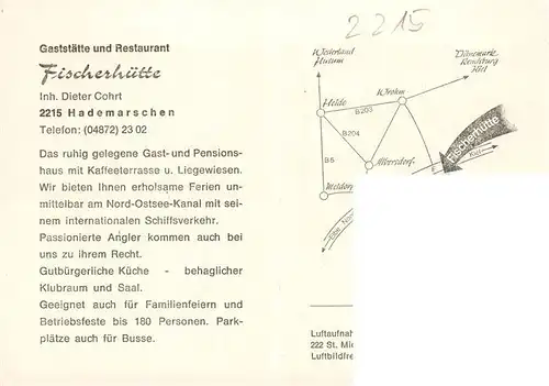 AK / Ansichtskarte  Hademarschen Gaststaette Restaurant Fischerhuette Luftaufnahme Hademarschen