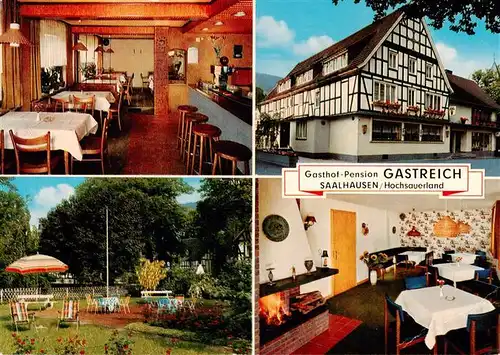 AK / Ansichtskarte  Saalhausen_Sauerland Gasthof Pension Gastreich Gastraum Bar Kaminzimmer Gartenterrasse Saalhausen_Sauerland